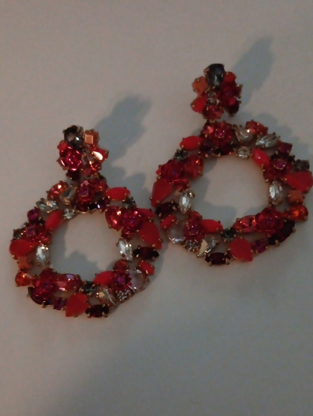 J. Crew Red and Pink Crystal Hoop Earrings
